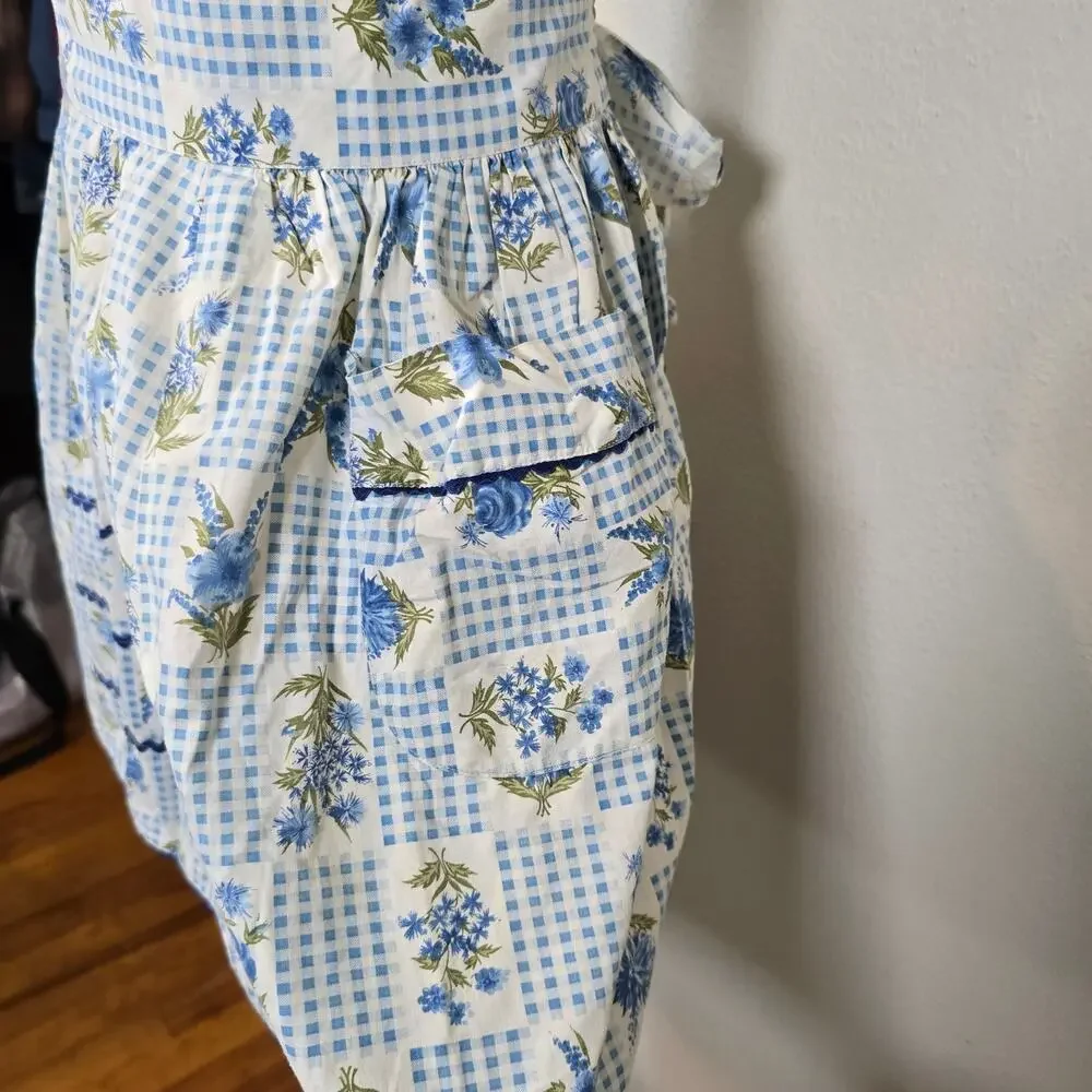 Vintage Half Apron Blue Gingham Floral Patchwork Tie Back Classic 60s 50s Retro